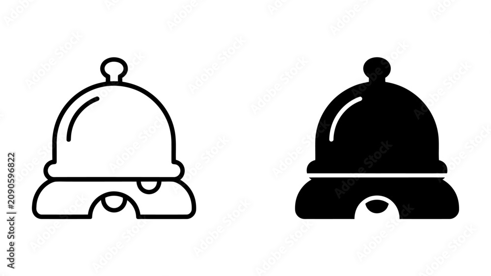 Fototapeta premium Concierge Bell Icon: A set of simple, modern icons representing a concierge bell, one in outline and the other in solid black, perfect for hotel or service industry themes.