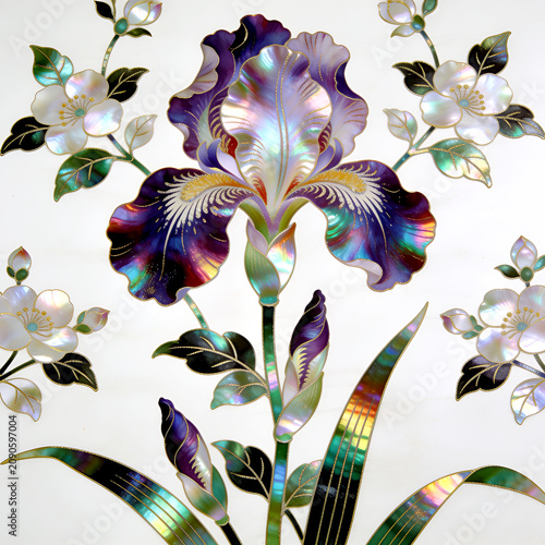 Iris flower graphic expressed with simple and simple lines with oriental mother-of-pearl