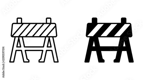 Photography Roadwork Barrier Icon: A set of two icons, one a line drawing and the other a solid silhouette, depicting a road construction barrier