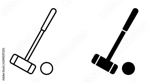 Foto Croquet Mallet and Ball Icons: A minimalist graphic representation of a croquet mallet and ball, presented in both outline and solid black styles, suitable for game-related design elements
