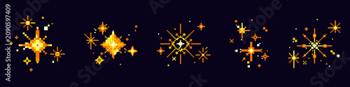 Bild auf Leinwand Pixel art star icons, vibrant y2k firework sparkles, digital vector graphics for retro 8-bit games, neon party symbols on black background