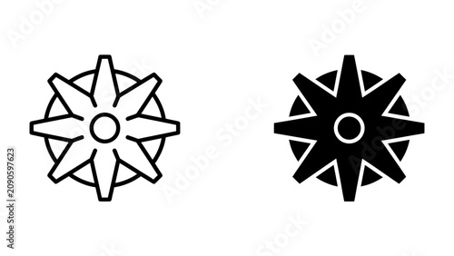 Photography Star compass icon set: A minimalist vector illustration featuring a compass rose or star symbol in both outline and solid black, representing direction and guidance