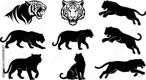 Canvas Print Tiger Silhouette and Aggressive Mascot Vector Set Featuring Crouching Jumping an