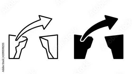 Photos Bridge the Gap: Two minimalist illustrations depict an arrow leaping over a chasm, symbolizing overcoming obstacles and achieving new heights