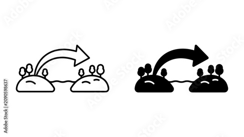 Transfer icon on two islands: A stylized icon illustrating a transfer between two islands, depicted with a curved arrow symbolizing movement and connection.