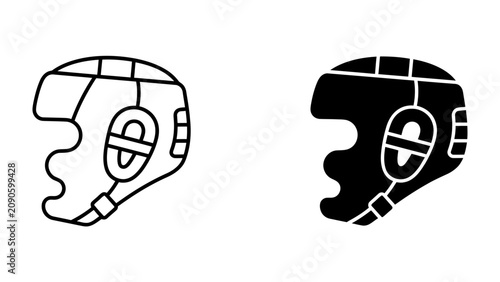 Foto Headgear Icons: Two iconographic representations of a boxing headguard, one in black outline and the other solid black, illustrating protective gear for combat sports