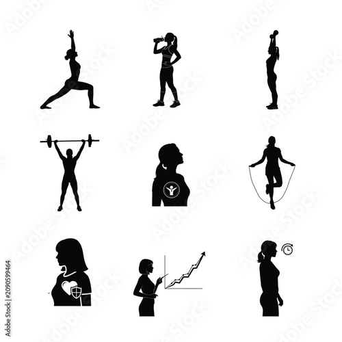 Women Fitness and Health Silhouettes Weightlifting Cardio Jump Rope Heart Health