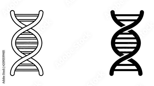 DNA Icon Set: A clean and clear representation of the DNA double helix structure, presented in both outline and solid black icons, perfect for scientific or medical illustration.