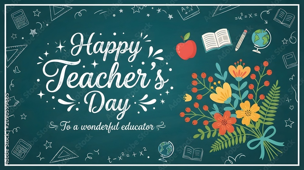 Naklejka premium Happy teacher's day floral illustration with school supplies on teal chalkboard background