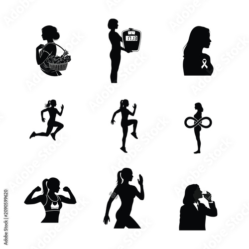 Women Running Silhouettes Muscle Flexing Bicep Stretching Fitness