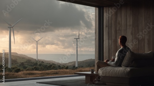 Man sits on sofa, looking out at a stunning landscape with wind turbines and a dramatic sky, symbolizing sustainable living and future energy.
