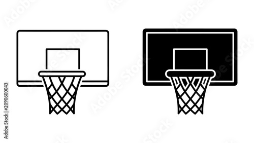 Fotografie Basketball Hoop Outline and Silhouette: Two stylized depictions of a basketball hoop, one in outline and the other in solid black, showcase the iconic structure from a low angle, ready for action
