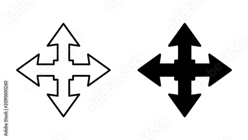 Foto Four-way Arrow Symbol: Two contrasting four-way arrow symbols, one outlined in white and the other solid black, represent direction and movement in a clear, graphic design