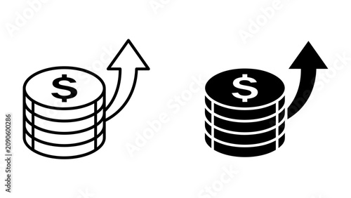 Coin Stack Growth: Two stylized illustrations depict a stack of coins with an upward arrow indicating financial growth, symbolizing profit and investment.