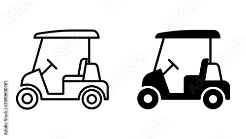 Golf Cart Icons: A simple outline and solid silhouette of a golf cart, representing leisure and sporting activity.