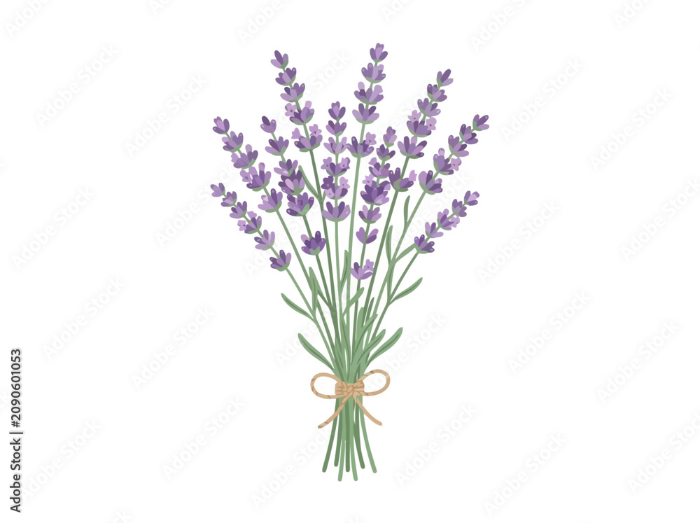 Obraz premium A beautiful watercolor illustration of a tied bouquet of purple lavender flowers.