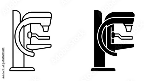 Mammography Machine Icon: A pair of simplified graphic representations of a mammography machine, one in outline and one in solid black, illustrating medical screening technology.