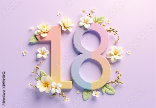 Three-Dimensional Number Eighteen with Floral Decorations