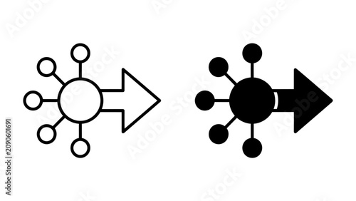 Photos Abstract Connection and Direction: Two abstract icons, one in outline and one solid black, depict a central circular node with radiating smaller circles, connected to an arrow
