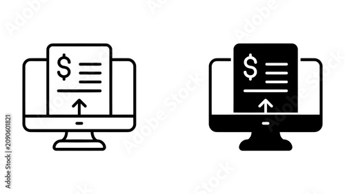 Digital Invoice Icon: A computer screen displays an electronic invoice with a dollar sign and upload arrow, presented in both outline and solid black versions.