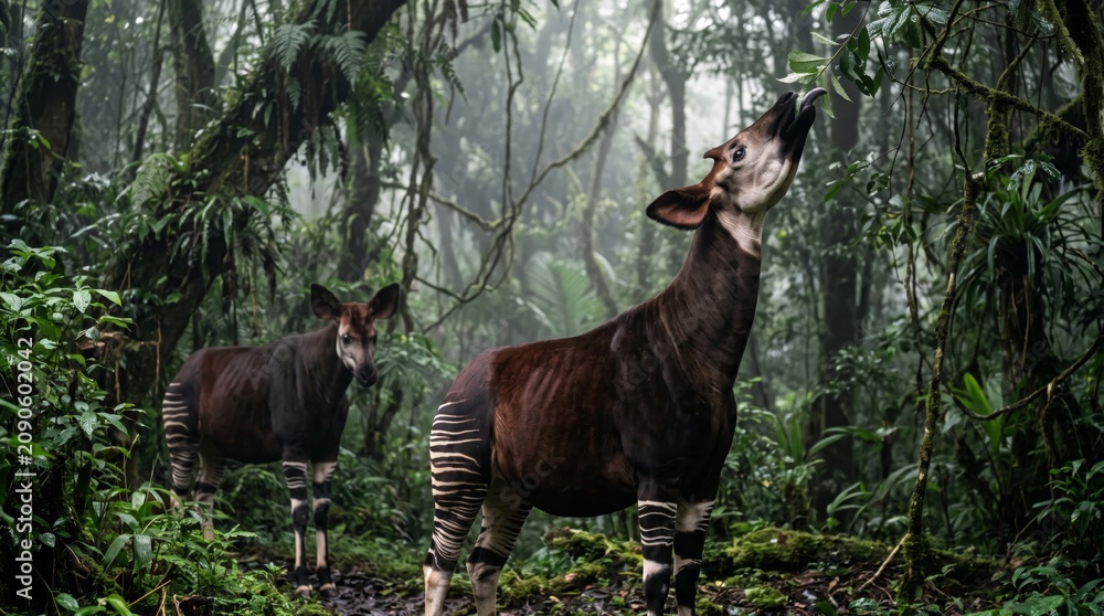 Obraz premium two wild okapis (okapia johnstoni) standing in a lush green rainforest eating leaves