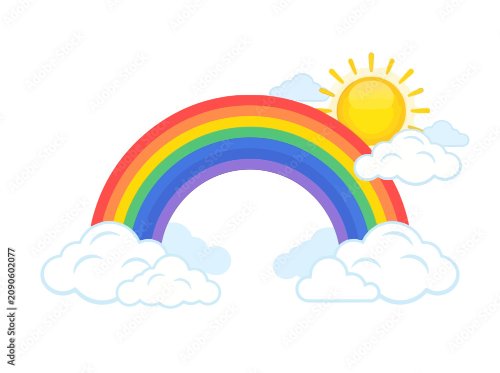 Naklejka premium Colorful rainbow arch with a bright yellow sun and fluffy white clouds.