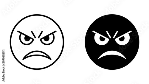 Photos Angry Emoji Face: A minimalist representation of an angry emotion, shown through two distinct emoji faces: one in black and white line art, the other as a solid black circle