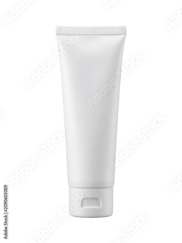 Blank white plastic cosmetic squeeze tube standing upright, ideal for beauty product mockups and branding.
