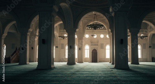 Ornate interior of a grand hall with pillars, arches, and a central door