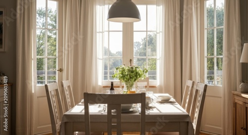 Bright dining room with table set by a sunlit window