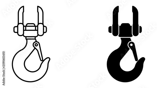 Industrial Hook Iconography: Two graphic representations, one a simple outline and the other a solid silhouette, depict a robust industrial hook with a swivel mechanism.
