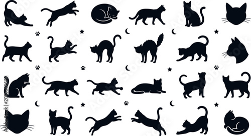 Bild auf Leinwand Black Cat Silhouette Icon Set with Various Poses Stretched Jumping Creepy Hallow
