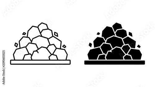 Canvastavla Pile of Stones, Line Art and Solid Icon: Two stylized depictions of a pile of stones, one in outline and the other filled, representing geological formations or raw materials