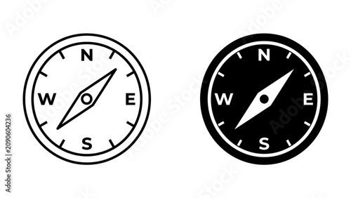 Fényképezés Compass Navigation Icons: Two distinct compass icons, one outlined and the other a solid silhouette, clearly depict the cardinal directions of North, South, East, and West