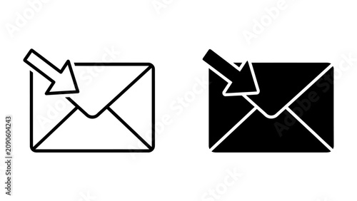 Incoming Mail Icon: A clean, modern icon representing an incoming mail or message, shown in both outline and solid black variations for versatility.