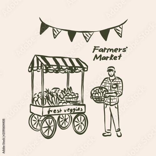 Hand drawn farmer near market stand holding basket with fruits and vegetables