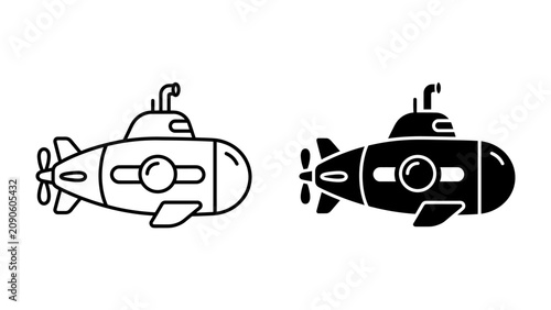 Fotografie Submarine Icon: A side-view illustration of a submarine, presented in both outline and solid black, symbolizing underwater exploration and naval technology