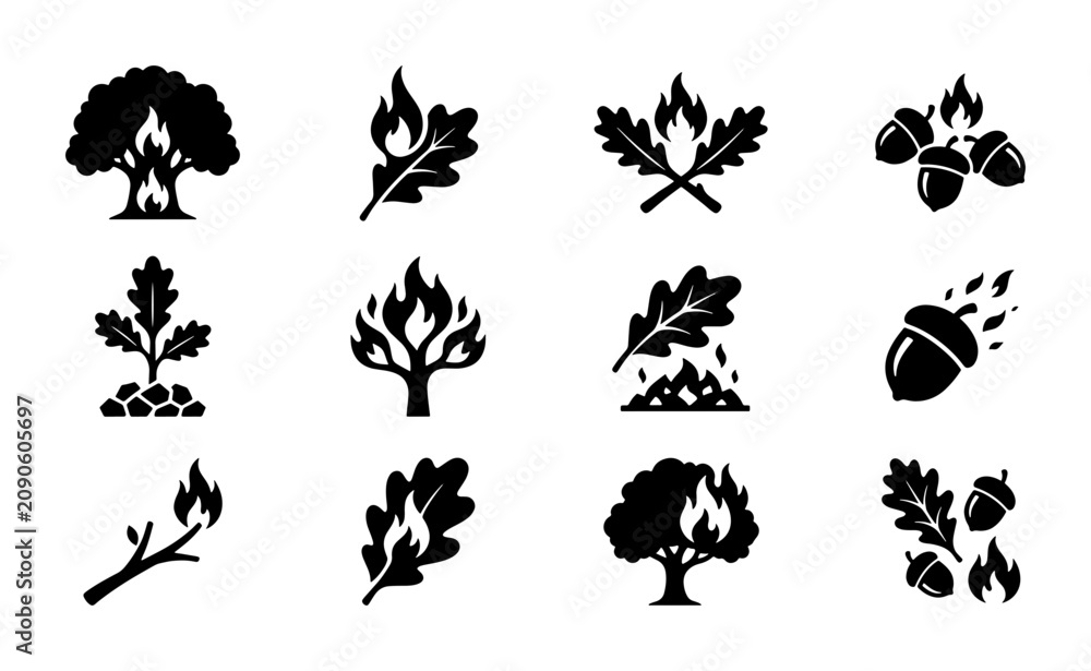 Fototapeta premium Oak Tree and Acorn Fire Icons, Forest Wildfire Danger Symbols, Nature Blaze Vector Graphics Set