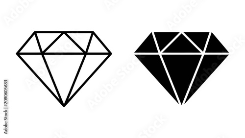 Diamond Icon Duo: A pair of diamond icons, one outlined and the other filled in black, represent clarity, value, and sophistication.