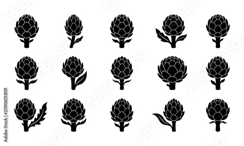 Foto Artichoke Icons Set, Fresh Vegetable Silhouettes, Healthy Food Graphics, Organic