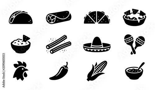 Foto Mexican Food Icons Set, 12 Vector Graphics for Culinary Design, Fiesta and Resta