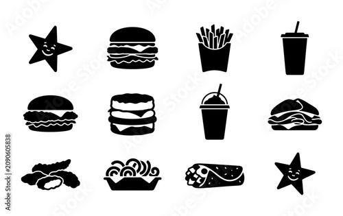 Fast Food Icons Set: Burgers, Fries, Drinks, Burritos, and Star Characters, Black and White Vector Graphics for Menus and Branding