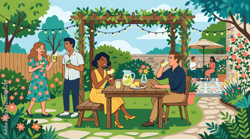 Elegant outdoor garden party vector illustration with guests sipping lemonade under leafy pergola, string lights, flowers, picnic table, sunny patio, summer social gathering scene art
