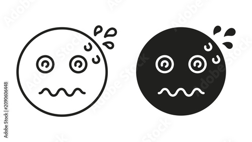 Obraz na płótnie Anxious Emoji Icons: Two simplified circular emoji icons, one black and one white outline, depict expressions of anxiety with swirly eyes and sweat drops, symbolizing stress and worry