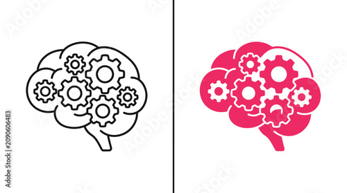 Two brain icons featuring gear mechanisms in both outline and solid pink styles.