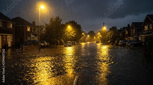Suburban residential street flooded at night under heavy rainfall illumination