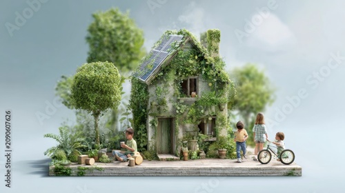 Miniature Green House with Lush Foliage and Children Playing Outdoors.