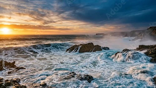 A powerful ocean wave crashes against dark rocks at sunset