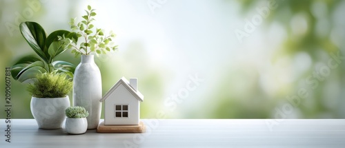 Miniature house with potted plants on a white table against a blurred green background.