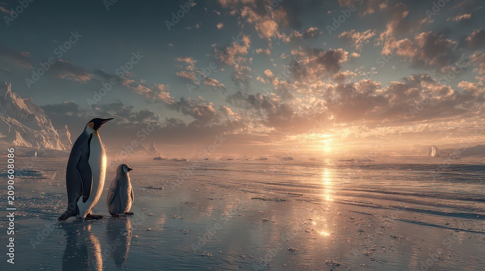 Obraz premium Majestic Penguins on Ice at Sunset in a Dreamy Antarctic Landscape